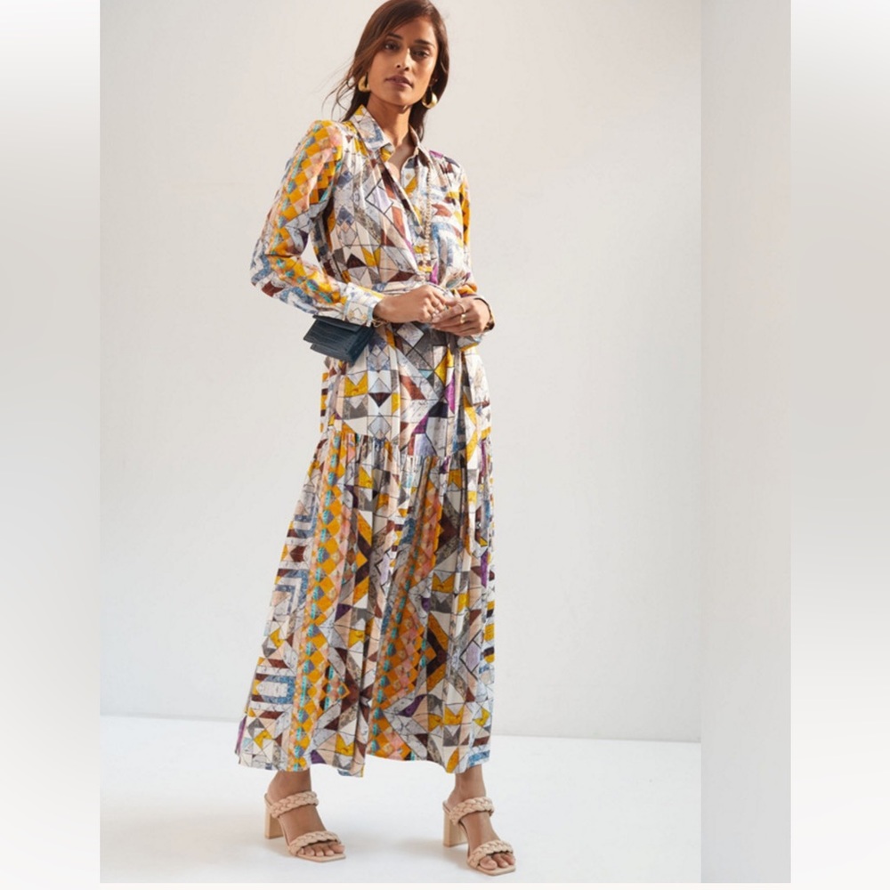 Anthropologie flounced abstract maxi dress